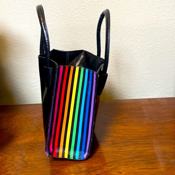 Super Cute Black Boxy Handbag Rainbow Colors on Both Sides Non Leather M… - Picture 4 of 9